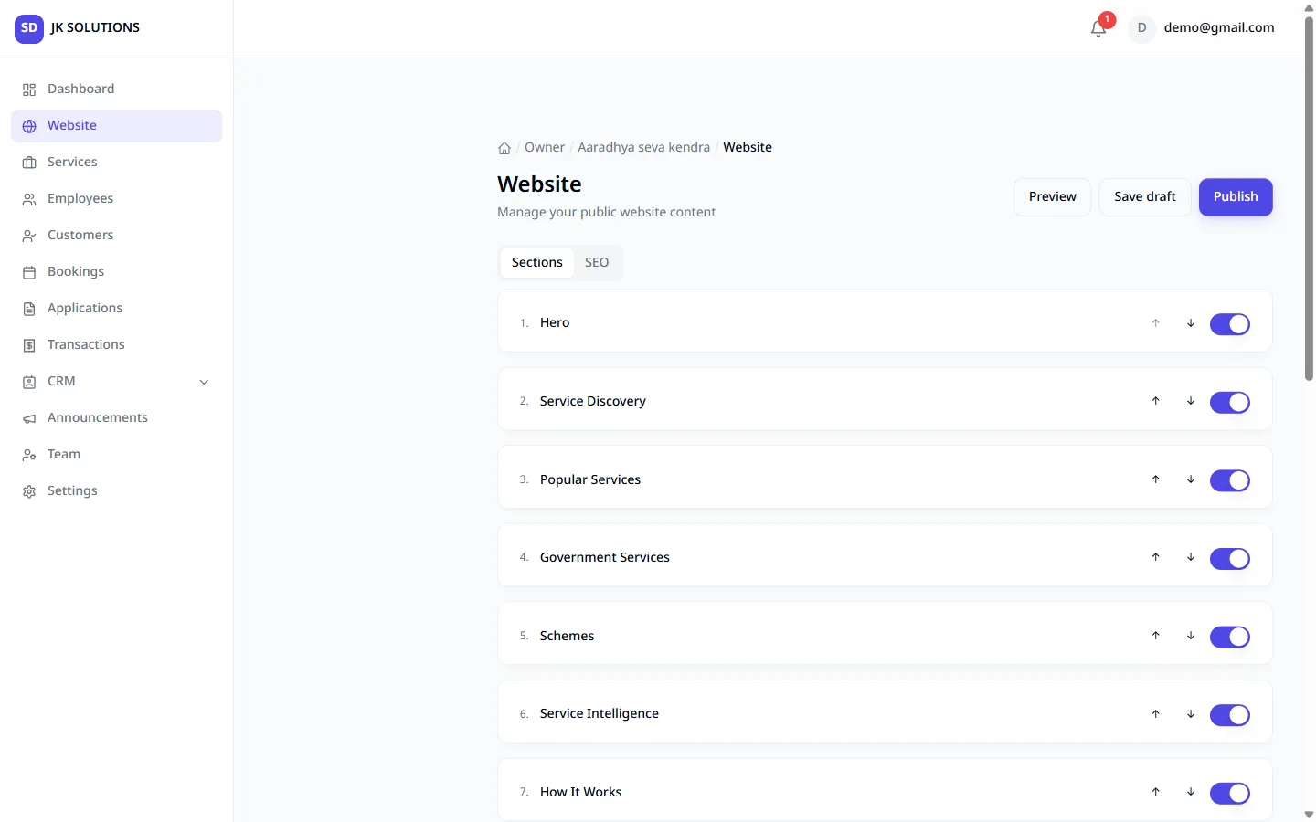 The owner surface of a SevaDesk tenant showing the Website editor: each public section listed as a numbered row with reorder arrows and a visibility toggle, with Preview, Save draft and Publish actions above a Sections and SEO tab pair